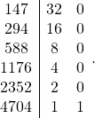 \begin{array}{c|c l c} 147&32&0\\ 294&16&0\\ 588&8&0\\ 1176&4&0\\ 2352&2&0\\ 4704&1&1\\ \end{array}.