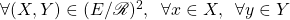 \forall (X,Y ) \in (E / \mathscr{R})^2 ,\;\; \forall x \in X ,\;\; \forall y \in Y