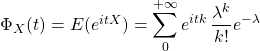 \Phi_X(t)=E(e^{itX})=\displaystyle\sum_{0}^{+\infty}e^{itk} \, \dfrac{ \lambda^k}{k!} e^{-\lambda}