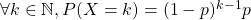 \forall k \in \N, P(X = k) = (1 - p)^{k-1}p