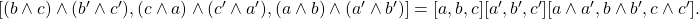 [(b\wedge c)\wedge(b'\wedge c'), (c\wedge a)\wedge(c'\wedge a'), (a\wedge b)\wedge(a'\wedge b')] = [a, b, c][a', b', c'][a\wedge a', b\wedge b', c\wedge c'].