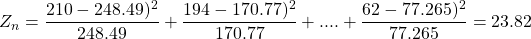 Z_n = \dfrac{210-248.49)^2}{248.49}+\dfrac{194-170.77)^2}{170.77}+....+\dfrac{62-77.265)^2}{77.265}=23.82