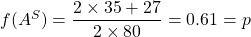 f(A^S)=\dfrac{2\times 35+27}{2\times 80}=0.61=p