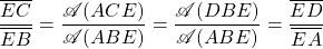 \dfrac{\overline{EC}}{\overline{EB}}=\dfrac{\mathscr{A}(ACE)}{\mathscr{A}(ABE)}=\dfrac{\mathscr{A}(DBE)}{\mathscr{A}(ABE)}=\dfrac{\overline{ED}}{\overline{EA}}