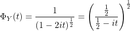 \Phi_Y(t)=\dfrac{1}{(1-2it)^{\frac{1}{2}}}=\left(\dfrac{\frac{1}{2}}{\frac{1}{2}-it}\right)^\frac{1}{2}