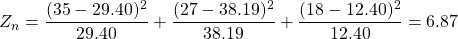 Z_n=\dfrac{(35-29.40)^2}{29.40}+\dfrac{(27-38.19)^2}{38.19}+\dfrac{(18-12.40)^2}{12.40}=6.87