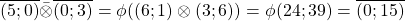 \overline{(5;0)}\bar{\otimes}\overline{(0;3)}=   \phi((6;1)\otimes(3;6))=\phi(24;39)=\overline{(0;15)}