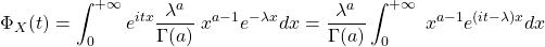 \Phi_X(t)=\displaystyle\int_{0}^{+\infty}e^{itx} \dfrac{\lambda^a}{\Gamma(a)}\;x^{a-1}e^{-\lambda x} dx=\dfrac{\lambda^a}{\Gamma(a)} \displaystyle\int_{0}^{+\infty} \;x^{a-1}e^{(it-\lambda) x} dx