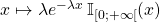 x \mapsto \lambda e^{-\lambda x} \,\mathbb{I}_{[0;+\infty[} (x)