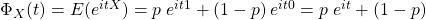 \Phi_X(t)=E(e^{itX})=p\;e^{it1}+(1-p) \,e^{it0}=p\;e^{it}+(1-p) \,